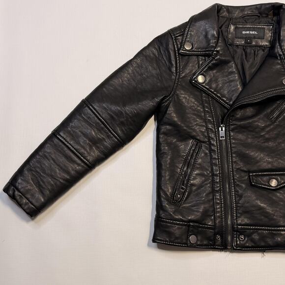 Diesel Jacket Youth 8 Black Moto Biker Leather Look Asymmetrical Zip Pockets - Picture 3 of 13